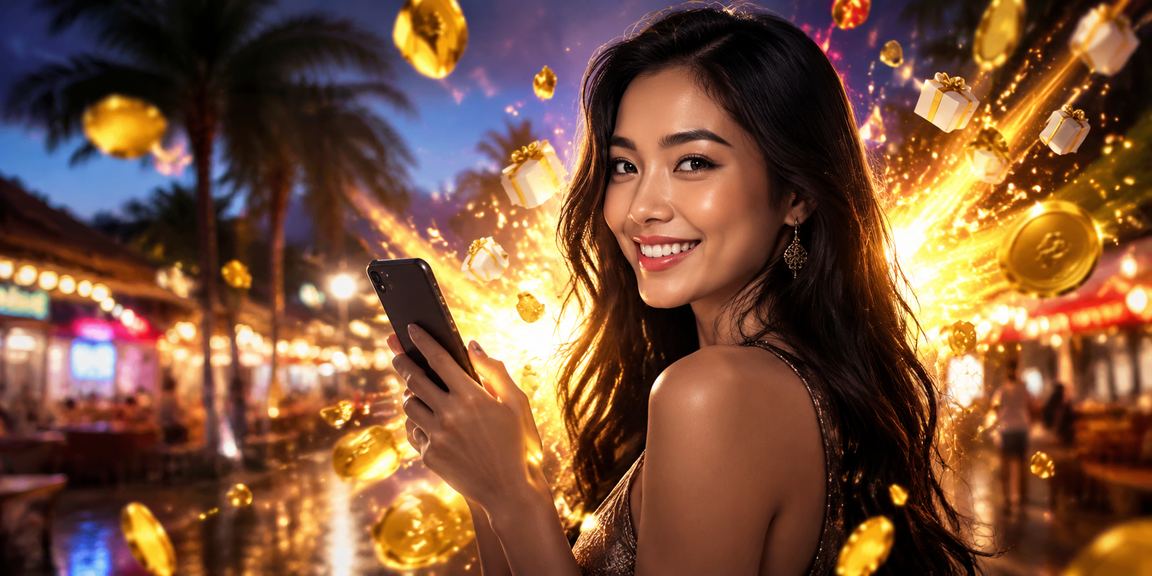 Pengguna menjelajahi platform casino di ponsel sambil berada di pasar malam
